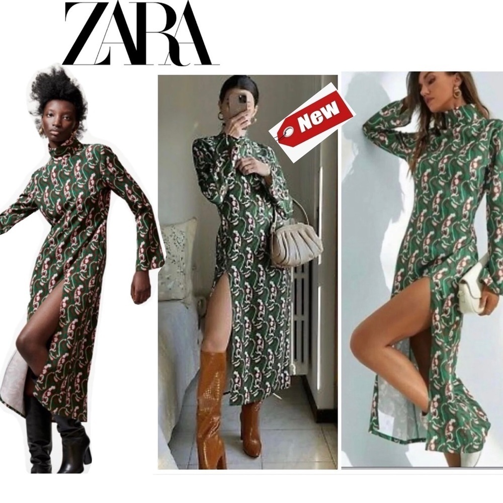 ZARA WOMAN'S PAISLEY PRINTED HIGH NECK MIDI DRESS GREEN/MULTICOLOR NWT bloggers